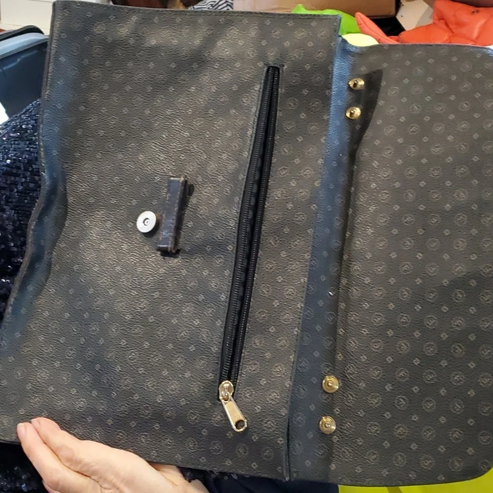 Huge Vintage Elegant Black Leather Clutch or Briefcase Bag with F Letter Pattern
